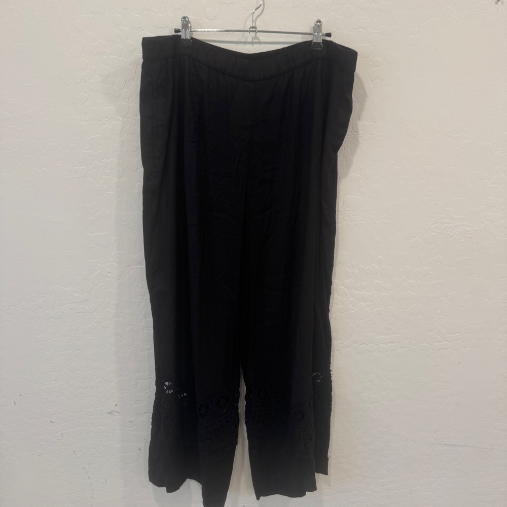 Susan Graver Pants Womens 16 Black Linen Lace Wide Leg Spring Summer Capsule